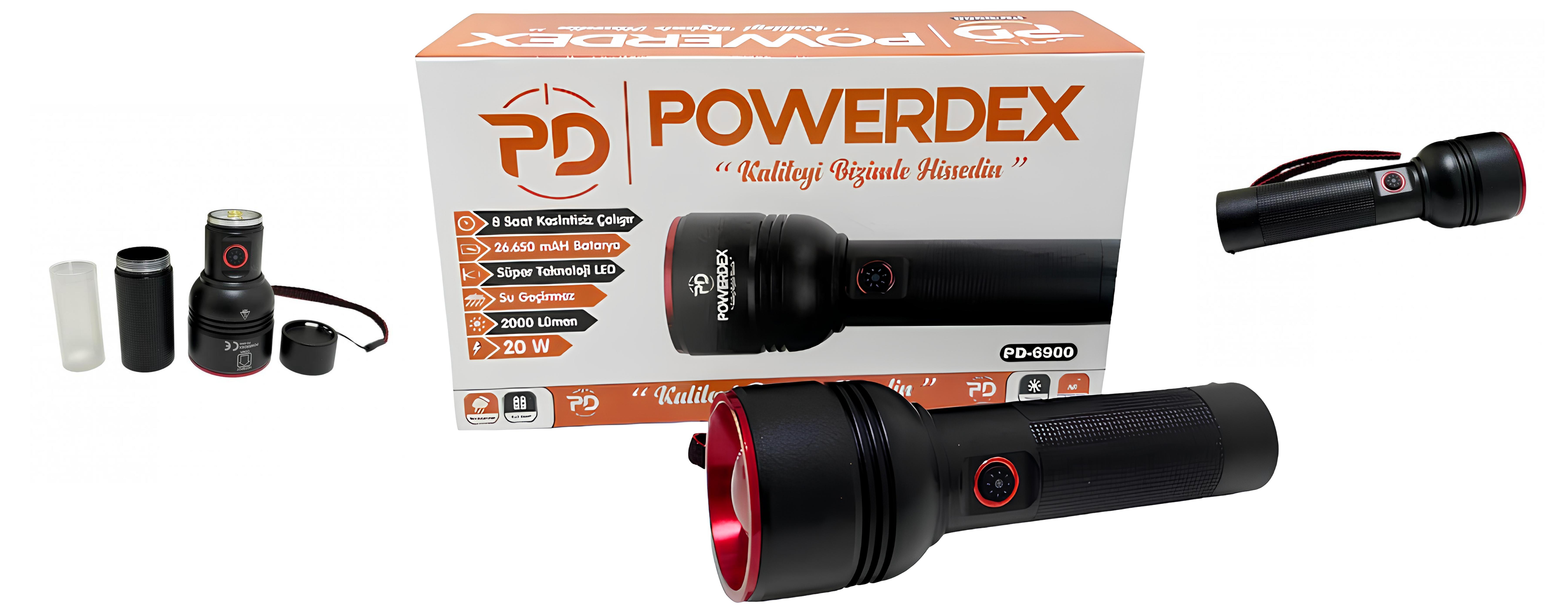 Powerdex PD-6900 LED El Feneri - 2000mAh Powerbank, Flaş, SOS Modu ve Teleskopik Zoom