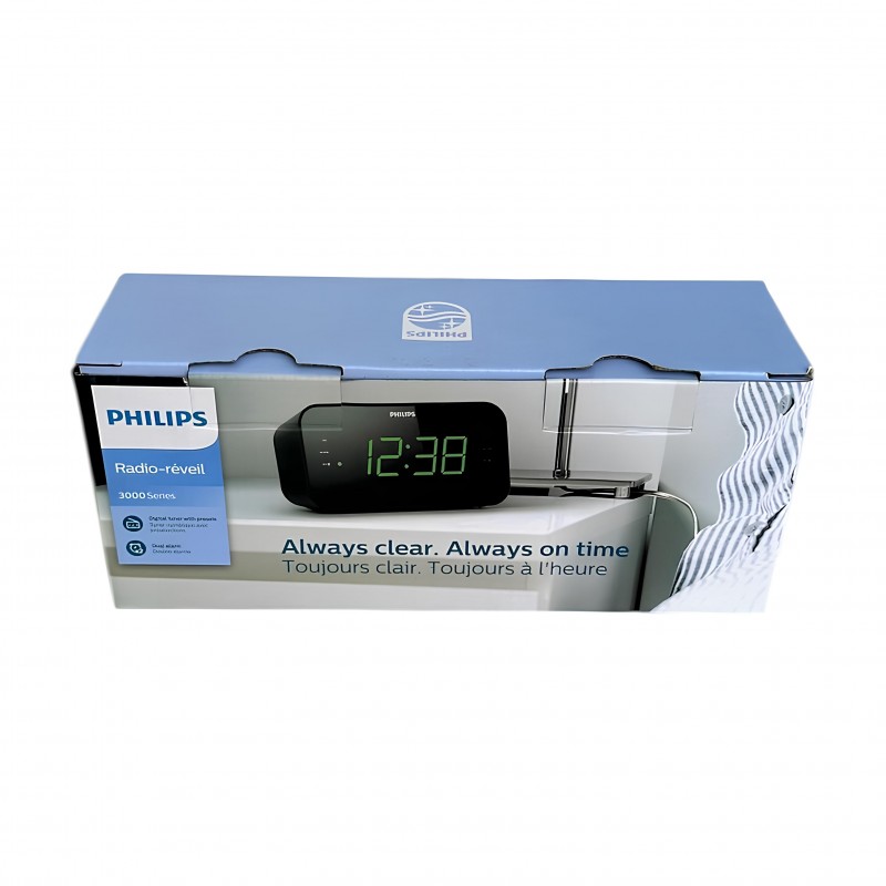 Philips AJ3400/12 alarm saatli radyonun modern yan profili, sezgisel tuş takımı ve büyük LED ekran netliği.