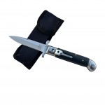 AKC Klasik Stiletto Blackwood Otomatik Bıçak ve tüm aksesuarlarıyla set görünümü.