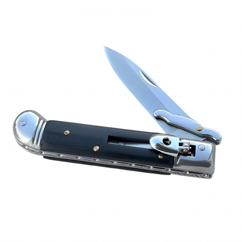 Bıçağın segment ve gövde bağlantı noktalarını gösteren AKC Klasik Stiletto Blackwood Otomatik Bıçak.