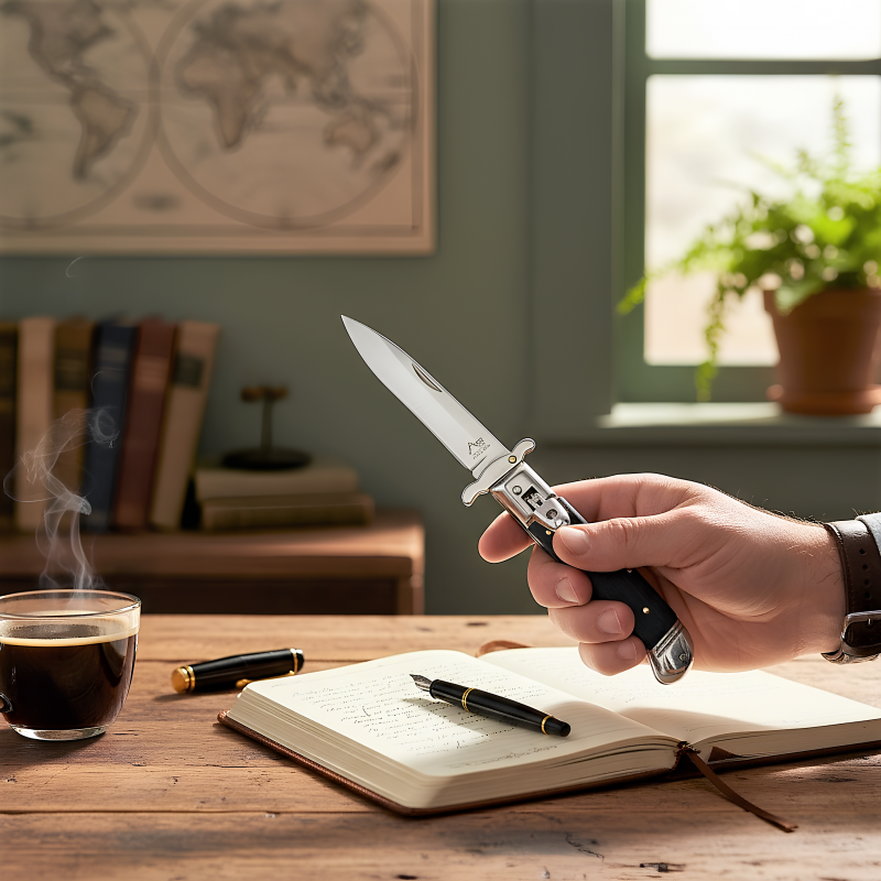 Bıçağın Blackwood ahşap kaplamalı tutma kolu ve tasarım detayı.