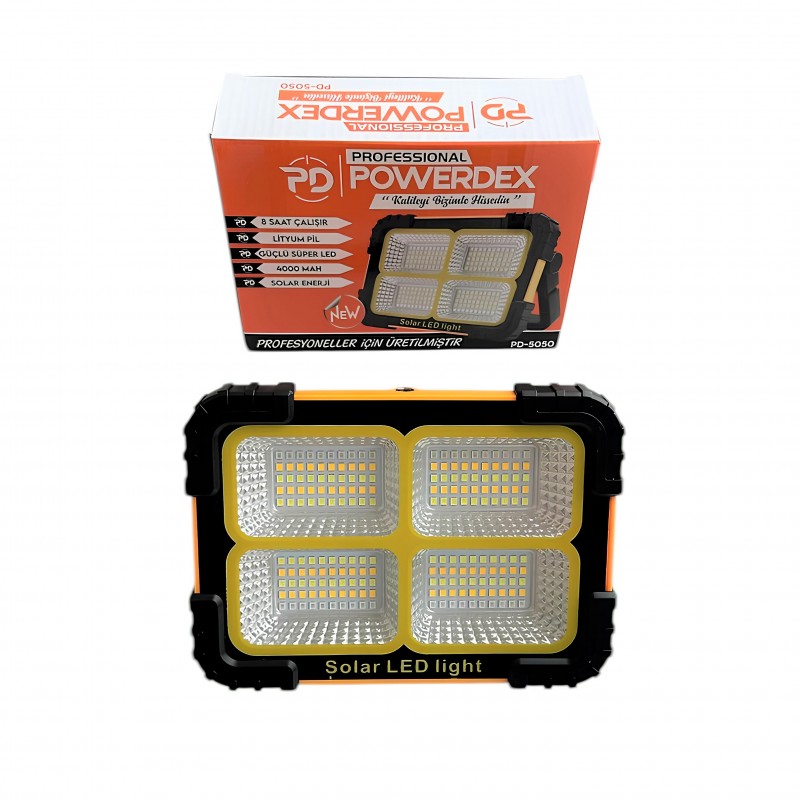 Powerdex PD-5050 Solar Şarjlı Kamp Lambası & 4000mAh Powerbank – IP65 Su Geçirmez Mıknatıslı LED Projektör