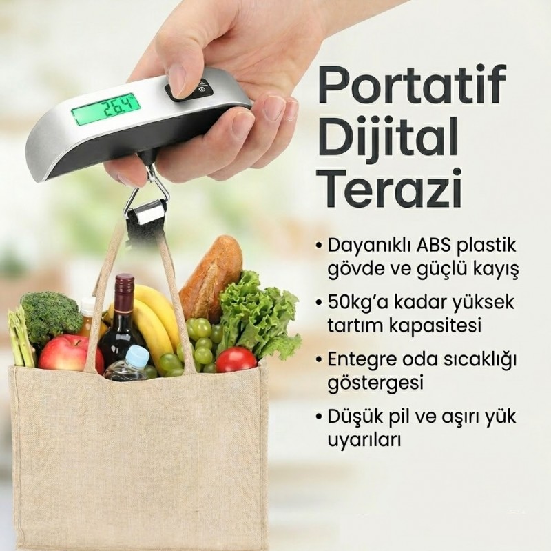 Termometreli Askılı Tartı 50 kg Kapasiteli Mutfak ve Balıkçı Terazisi