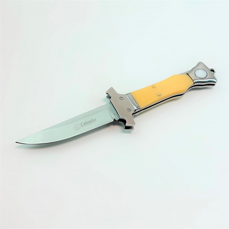 Columbia Company Ma-123-D Kemik Kabzalı Otomatik Avcı Çakısı – Özel Kılıflı, Kurt Amblemli Hediyelik Kutulu