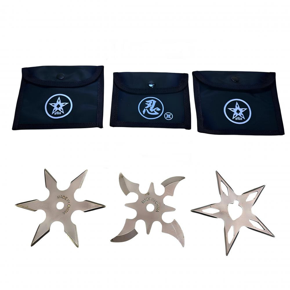 gümüş çelik ninja yıldızları seti 3 lü shuriken ön görünüm